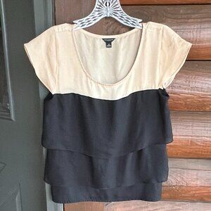 Ann Taylor Ecru and Black Chiffon Layered Ruffled Top with Cap Sleeves, Size XS